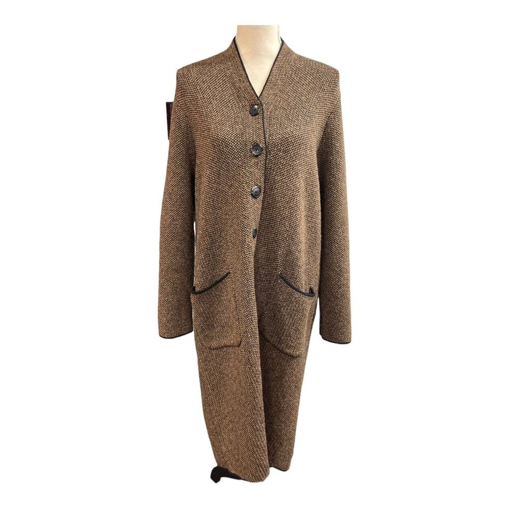 J Jill Womens M Tweed Knit  Duster Cardigan Button Up Brown Black Trim